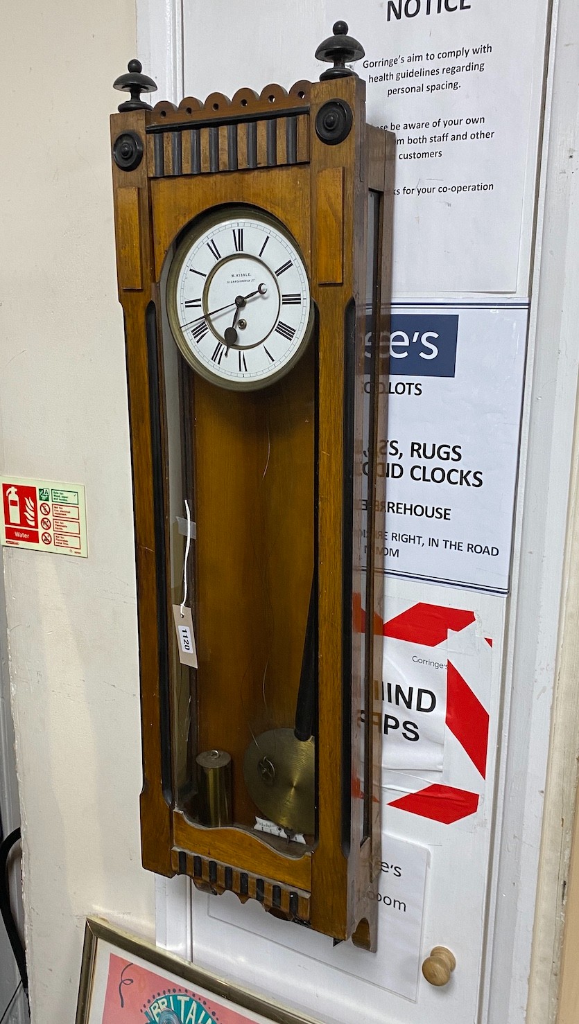 A 19th century German Vienna regulator type walnut wall clock W. Kibble, 22 Gracechurch Street, with pendulum and weight, height 93cm